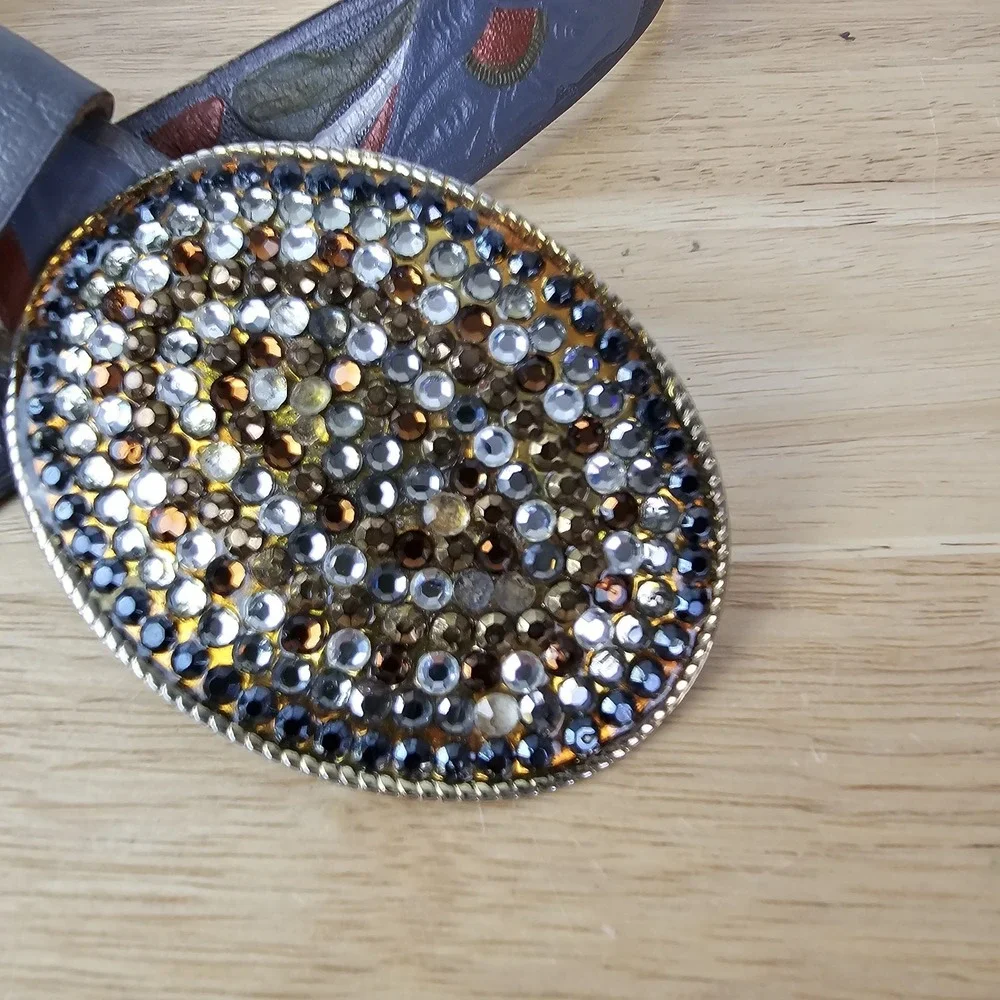 Designer Womens‎ S Floral Tooled Leather Belt Purple Blue Gold Rhinestone Buckle